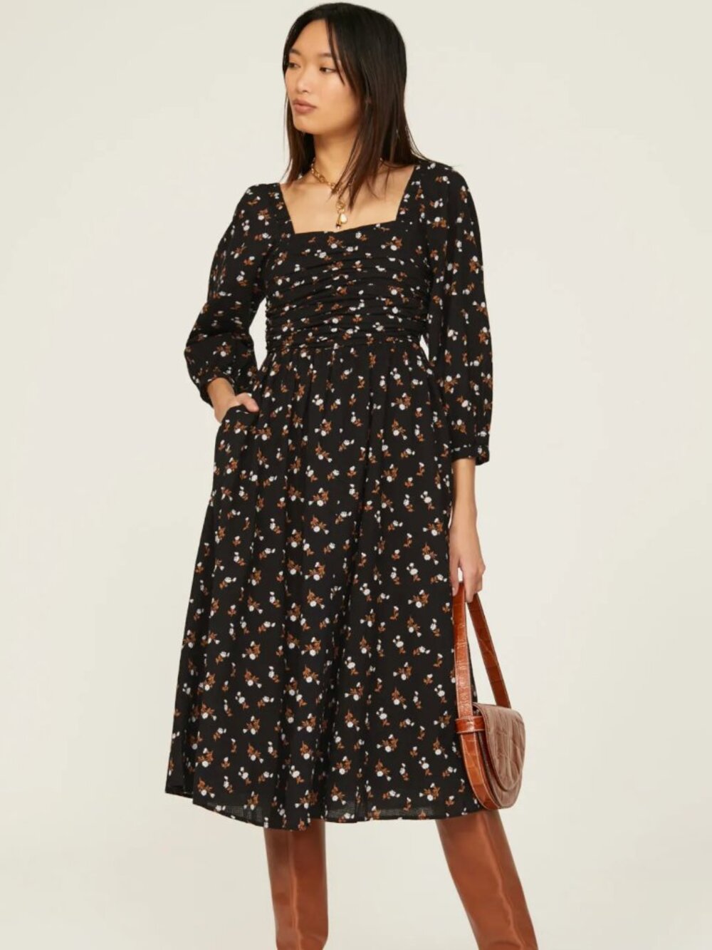 Madewell Black & Orange Floral Ruched Midi Dress XS